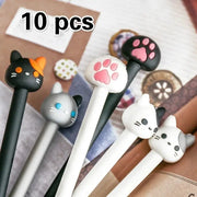 10pcs cat-shaped kawaii gel pens with cute toppers, black ink, assorted white/gray/black bodies