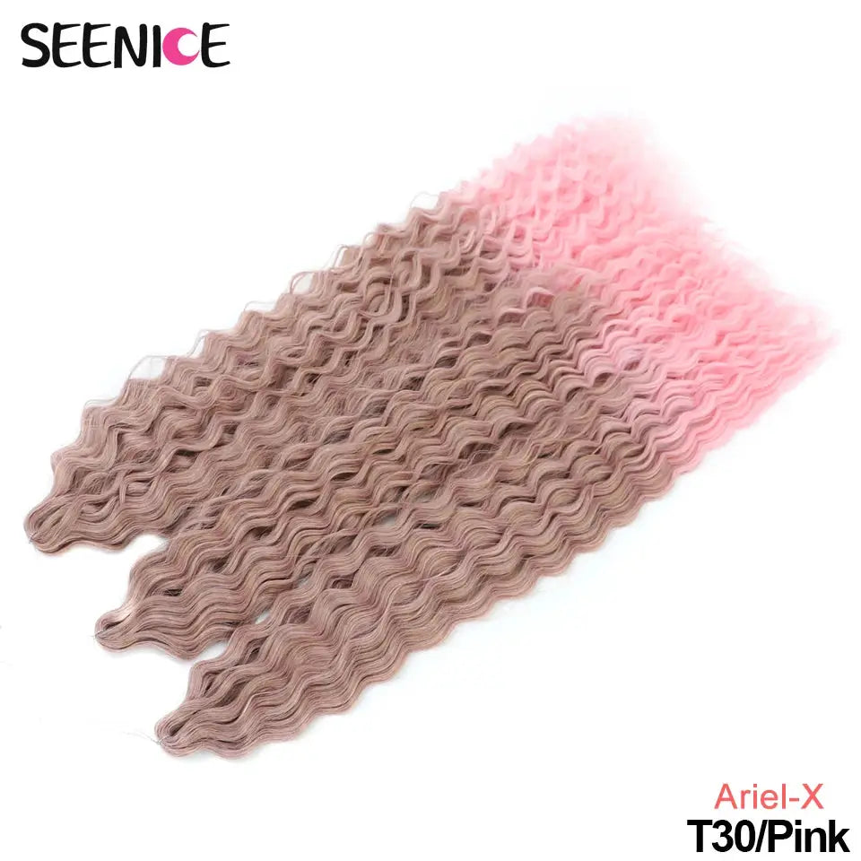 Ariel-X pink ombre water-wave crochet hair extensions, multi-bundle deep-wave braids