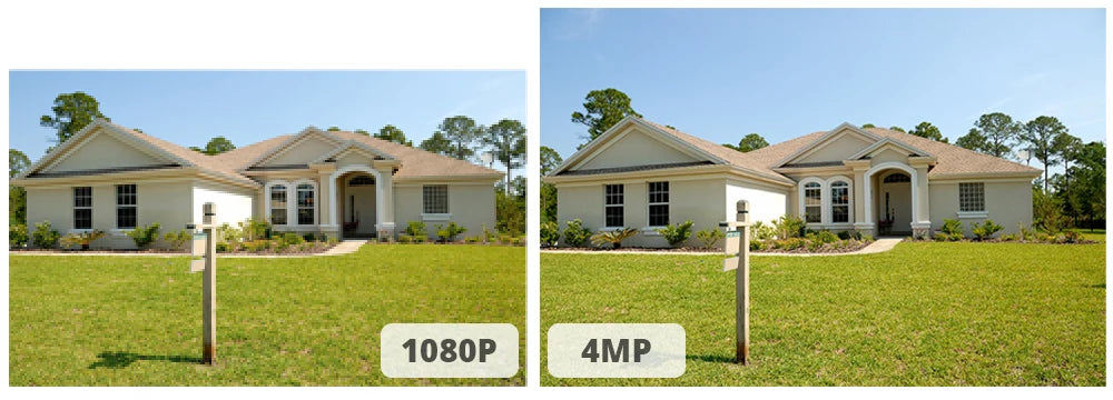 4MP outdoor WiFi security camera; two-panel image showing 1080P and 4MP views of a house