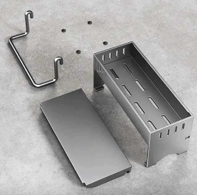 Stainless steel sponge rack with perforated drain shelf, includes lid and two mounting brackets
