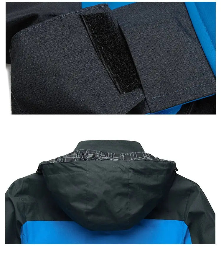 TRVLWEGO men's camping jacket, black with blue panels, waterproof windbreaker with hood