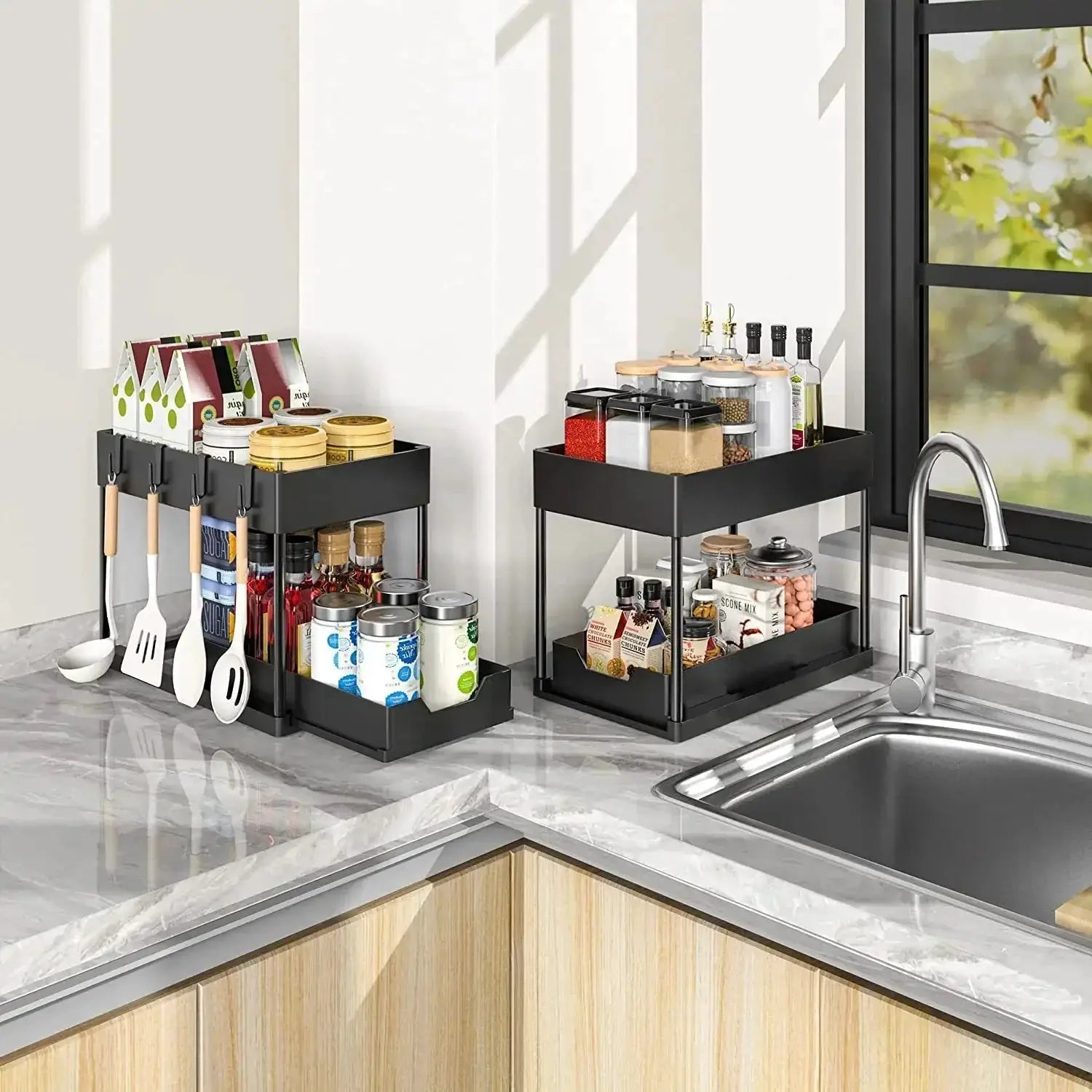 Simples Market black two-tier under-sink sliding cabinet rack with hooks for bottles and jars.