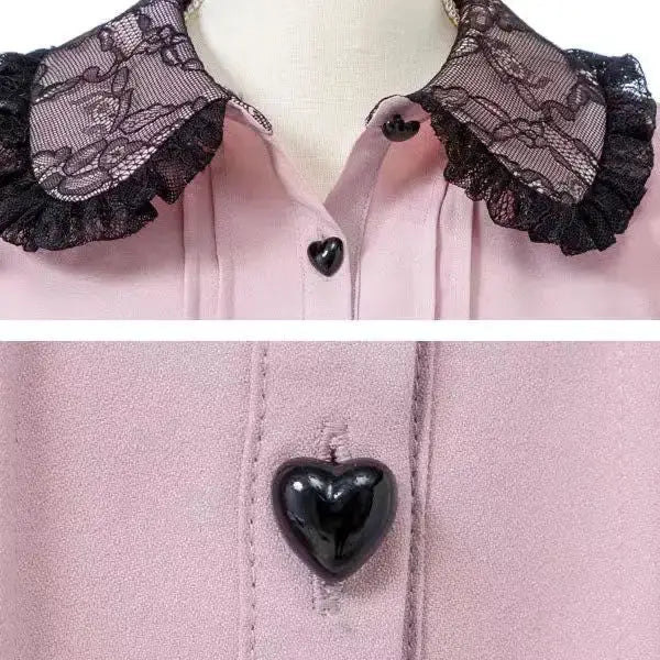 Japanese Gothic Lolita Ribbon Plaid Skirt by Simples Market; pink blouse with black lace collar and heart buttons.
