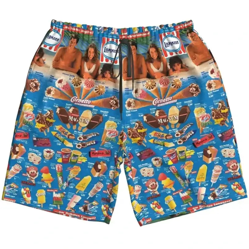 Unisex swim shorts with a blue ice-cream and beach print, Langnese logos, drawstring waist.