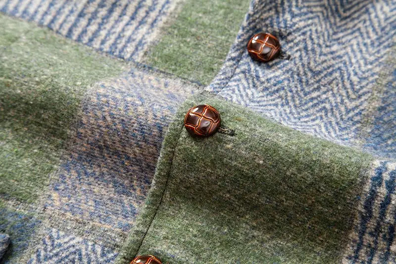Green tweed plaid waistcoat with herringbone pattern and brown buttons
