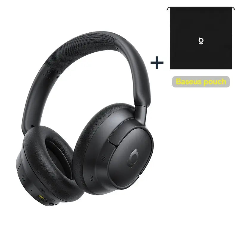 Baseus EH10 NC ANC wireless headphones with pouch; black over-ear design.