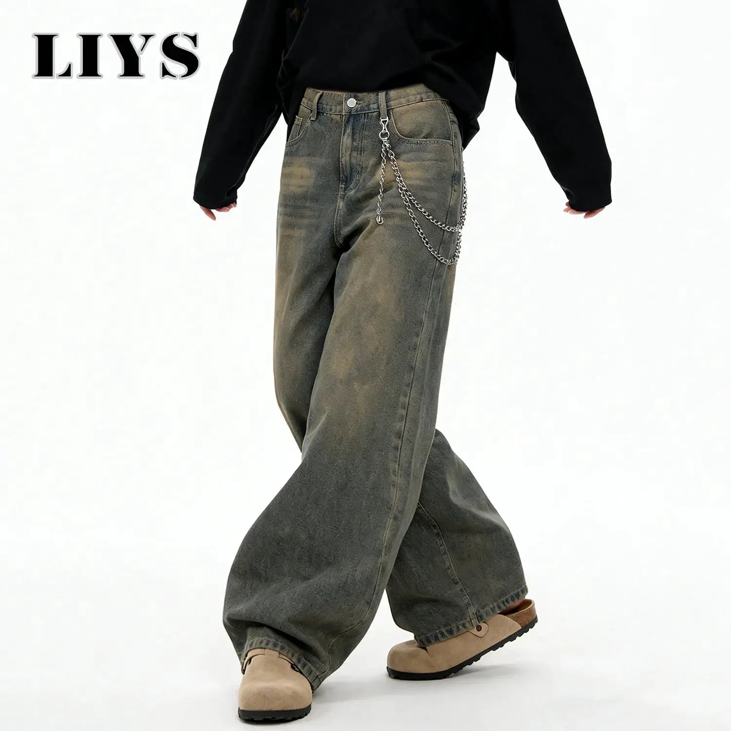 LIYS American Retro baggy wide-leg distressed denim jeans with silver chain, unisex
