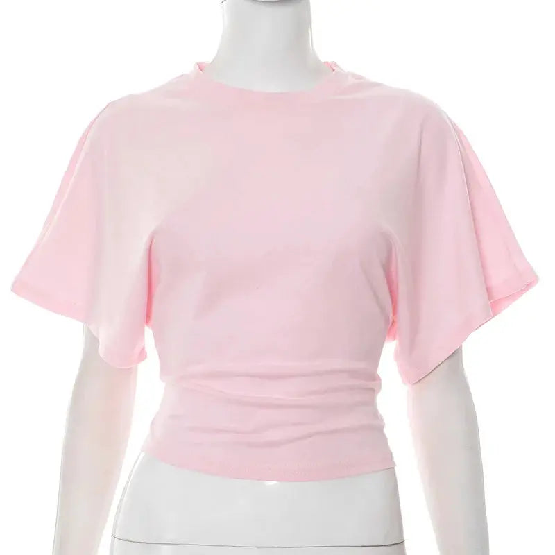 Womens Pure Cotton Crew Neck Cropped Top Short Sleeve Loose Fit Solid Colour Tee