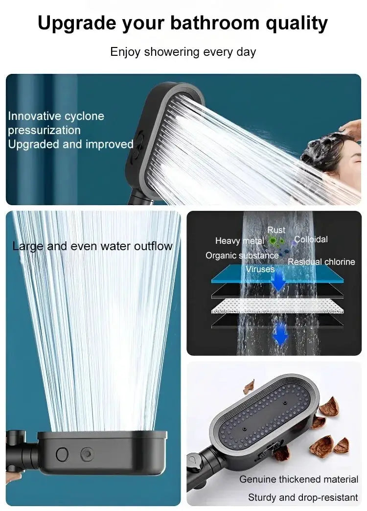 Simples Market black high‑pressure shower head set with 3 spray modes, massage spray, filter and hose