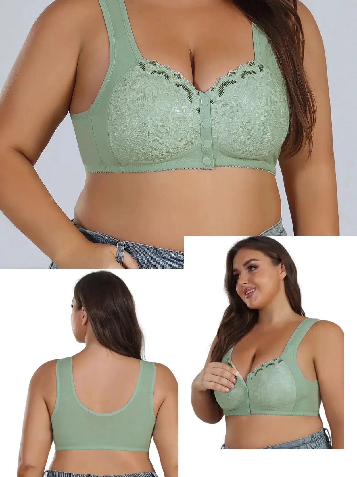 Bra mint green lace-front wireless with front-buckle closure, extra large, Simples Market soft cotton