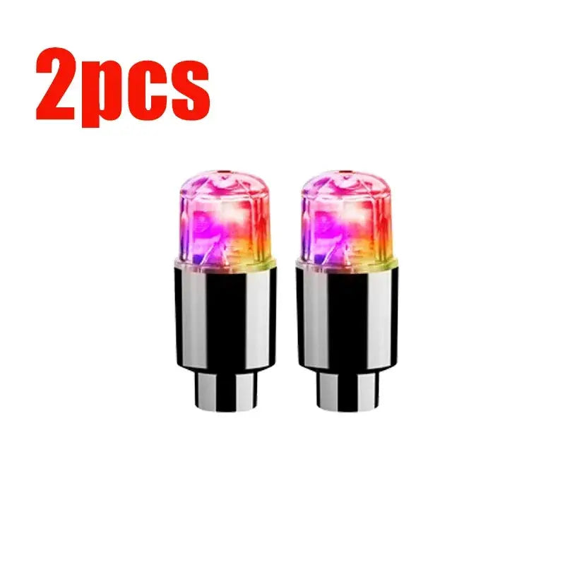 2pcs car tire valve LED lights with rainbow color LEDs and chrome bases