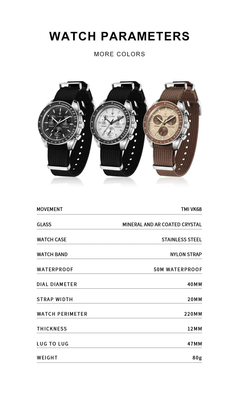 CADISEN men's watches set of three with canvas straps; black, white, and brown dial variants by Simples Market