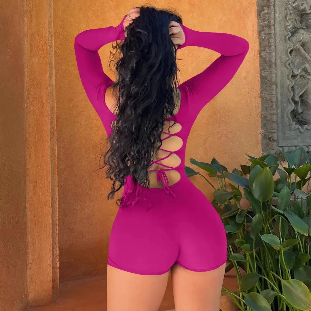 Hugcitar magenta long-sleeve backless lace-up playsuit with crisscross back ties
