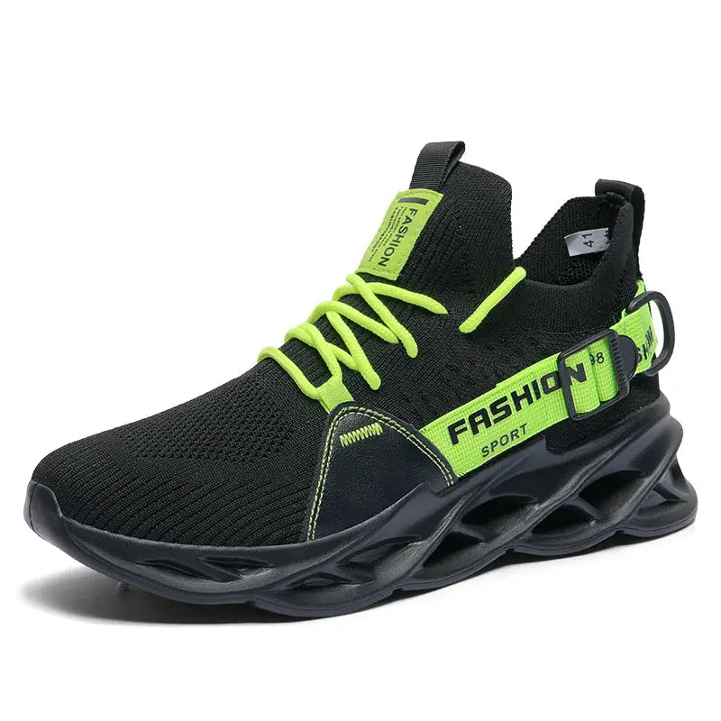 Black mesh sneakers with neon lime laces and strap, thick sculpted sole, unisex athletic shoes