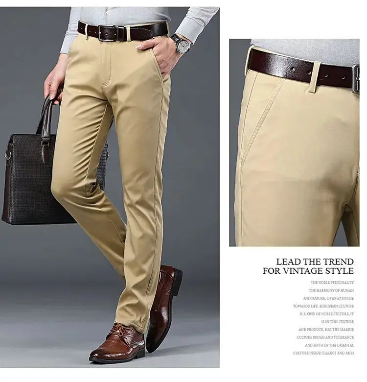 Men's slim-fit cotton dress pants in khaki for business casual