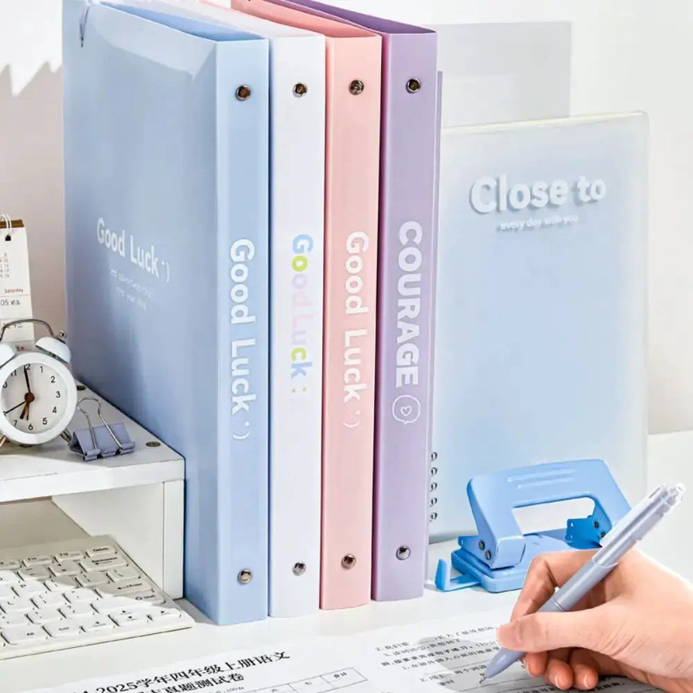 A4 file folders set in five pastel colors with transparent detachable data book sleeves.