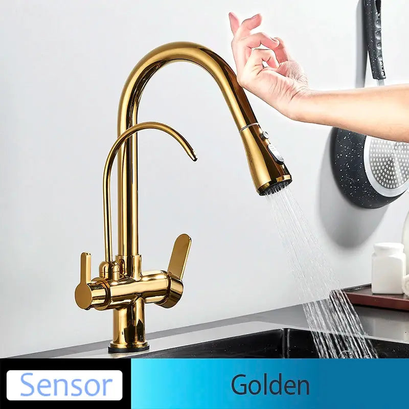 Kitchen faucet Golden pull-out deck-mounted with dual handles by Simples Market