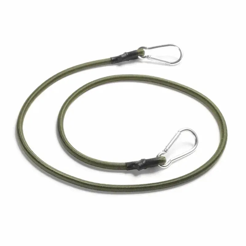 Outdoor heavy-duty olive-green bungee cords with metal carabiner hooks, set of two.