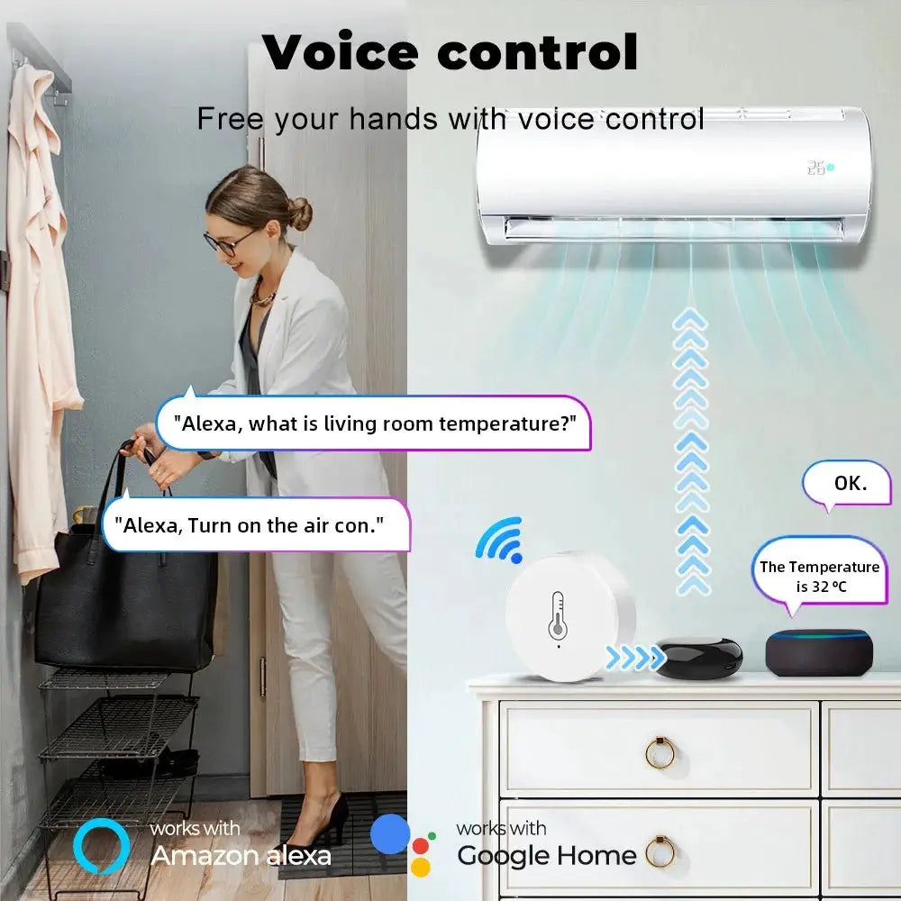 Tuya Zigbee temperature and humidity sensor by Simples Market, white round hygrometer; works with Alexa and Google Home