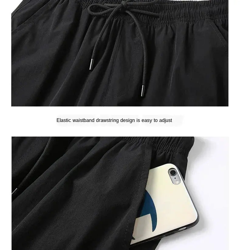 Simples Market 3/4 length men's shorts, black quick-dry nylon stretch Bermuda with elastic drawstring waist