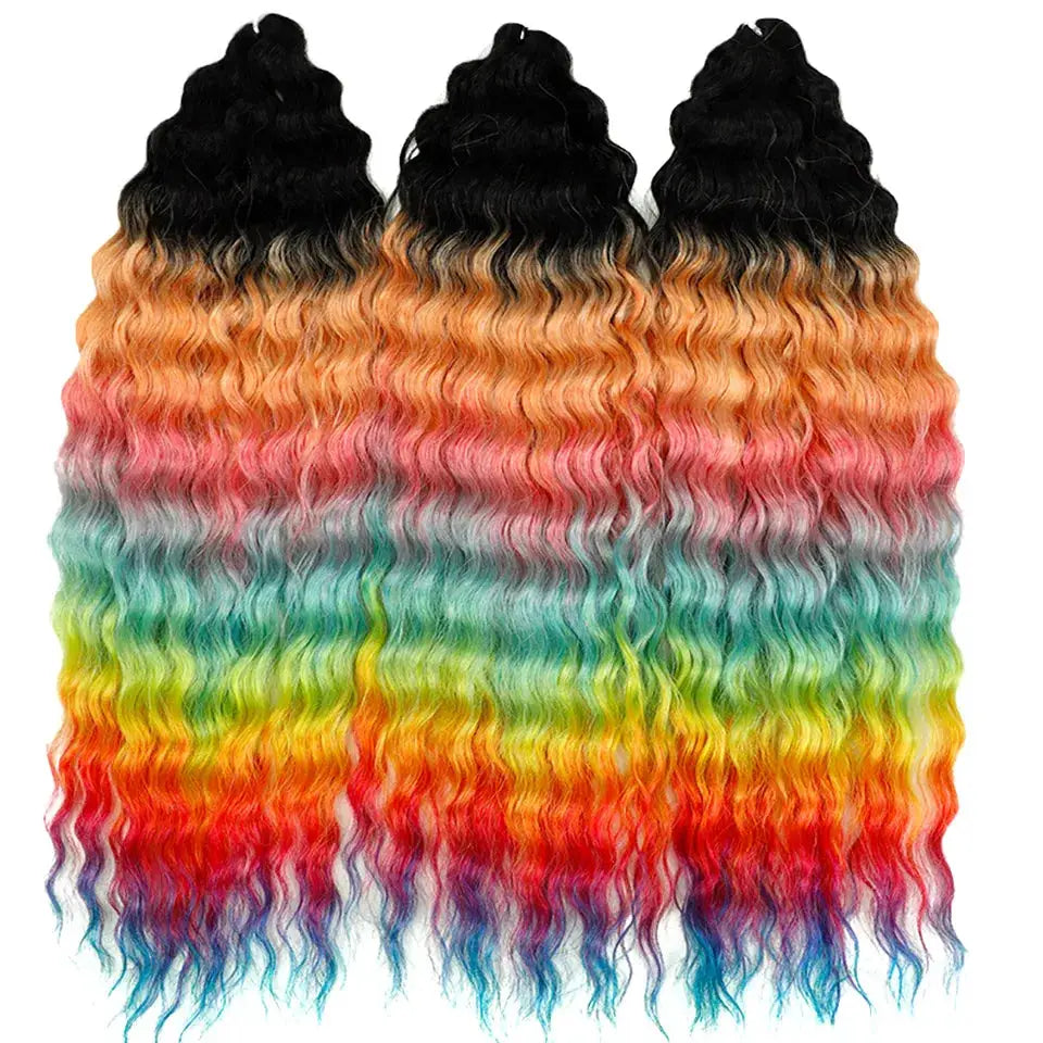 Crochet hair extensions in ombre rainbow, Ariel curl water-wave texture, 3 bundles, 22in, Simples Market