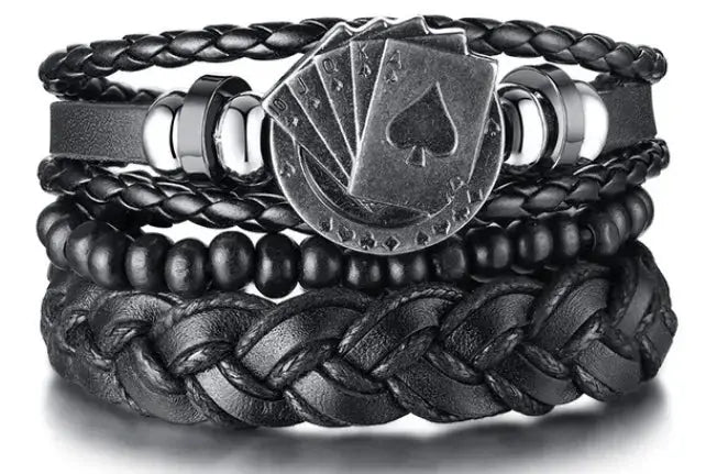 4 Piece Set Braided Leather Wrap Bracelets For Men Vintage Life Tree Rudder Charm Wood Beads Ethnic Tribal Wristbands