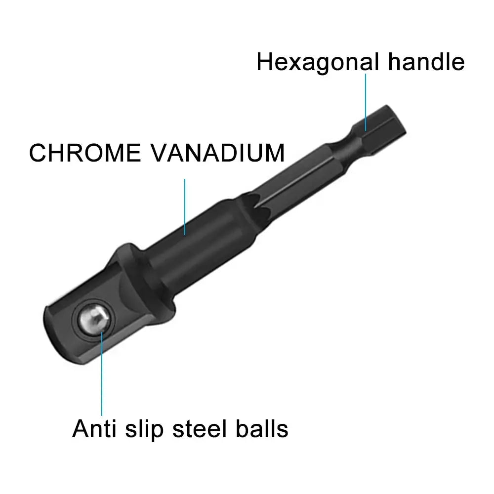 8 Piece Black Electric Screwdriver Set With Hex Handle Adapters And 3 Eighths Square Head And 1 Quarter Extension Rod