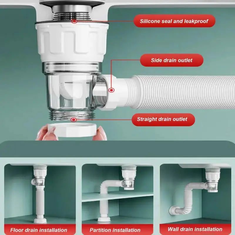 Retractable anti-odor drain pipe with flip-top kitchen filter, Simples Market white plastic, silicone seal, 3 views