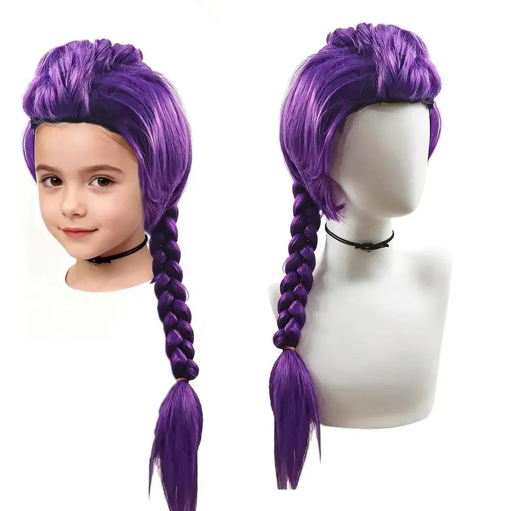 Cosplay children's wig in purple, with long braided pigtails and side ponytail, synthetic hair