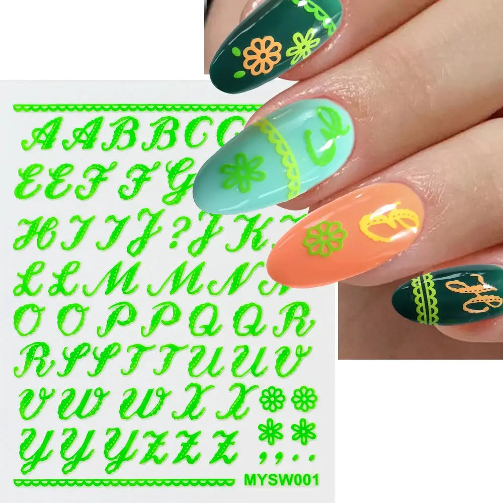 3D Roman Letter Nail Sticker sheet in neon green; Simples Market self-adhesive nail decals A–Z