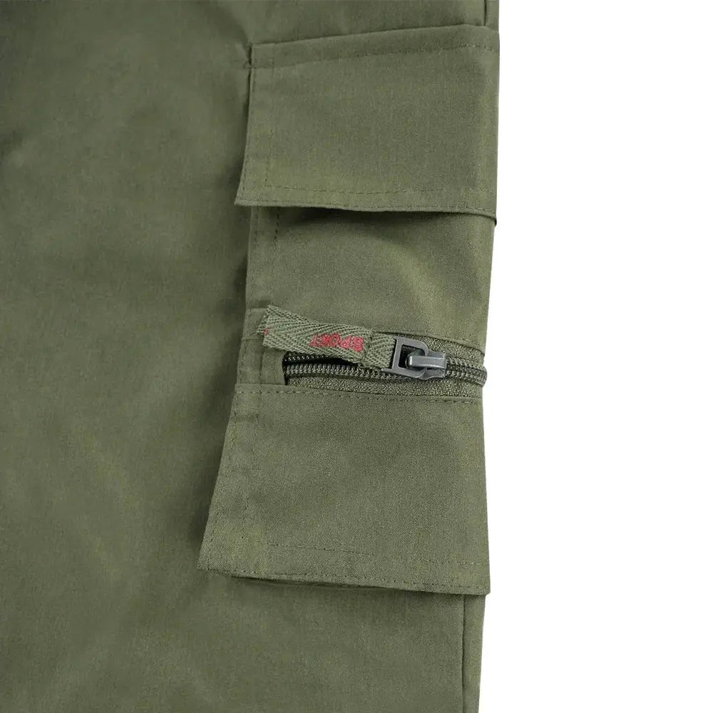 Simples Market cargo shorts in olive green with zip pocket and side cargo flap