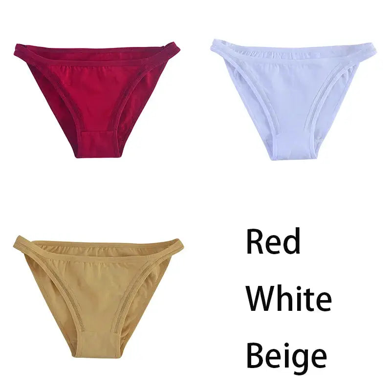 3-pack women's cotton panties in red, white, and beige bikini briefs by Simples Market