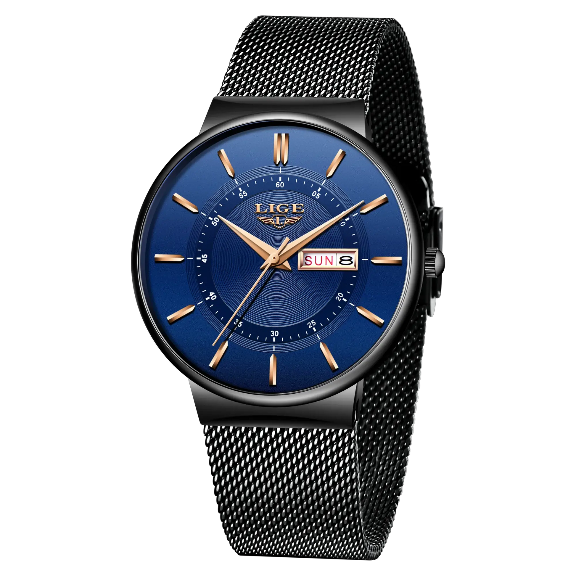 LIGE men's wristwatch with blue dial, date display, and steel mesh strap