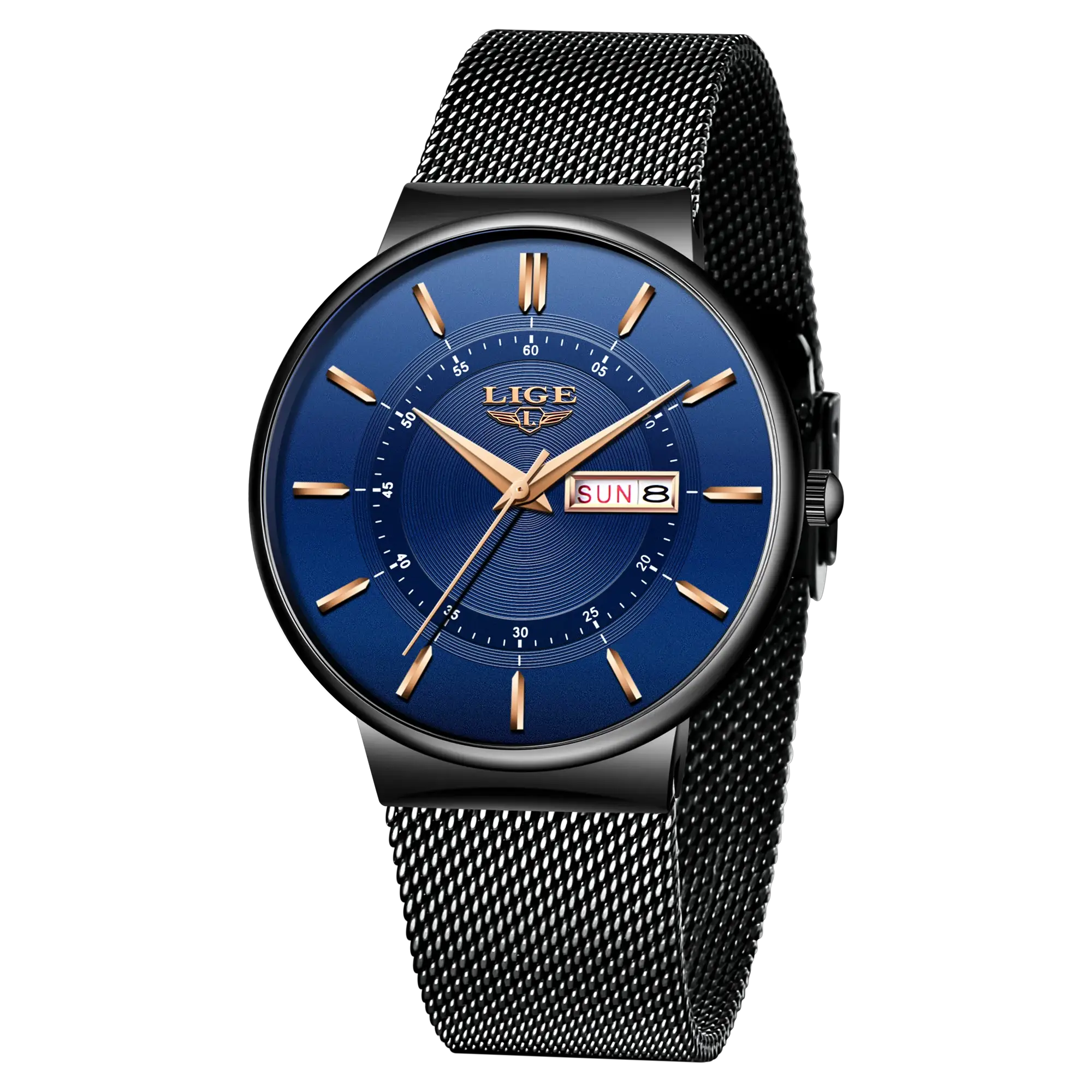LIGE men's wristwatch with blue dial, date display, and steel mesh strap