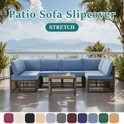 Patio sofa slipcover set with light-blue cushions on a brown wicker sectional on an outdoor deck; color swatches shown