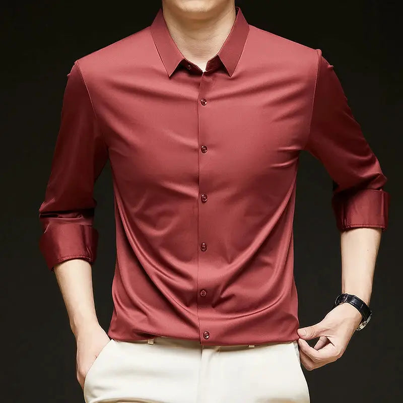 Simples Market premium men's ultra-stretch silk-like burgundy long-sleeve shirt