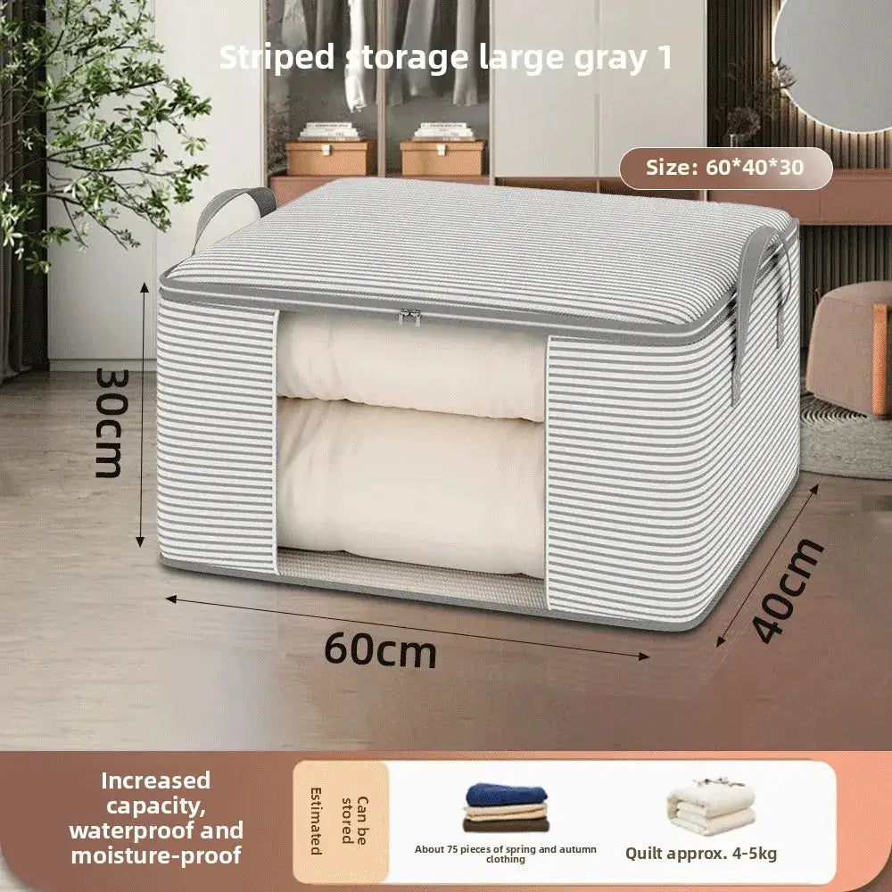 Foldable gray striped fabric storage bag for clothing, quilts and misc items; 60x40x30 cm.