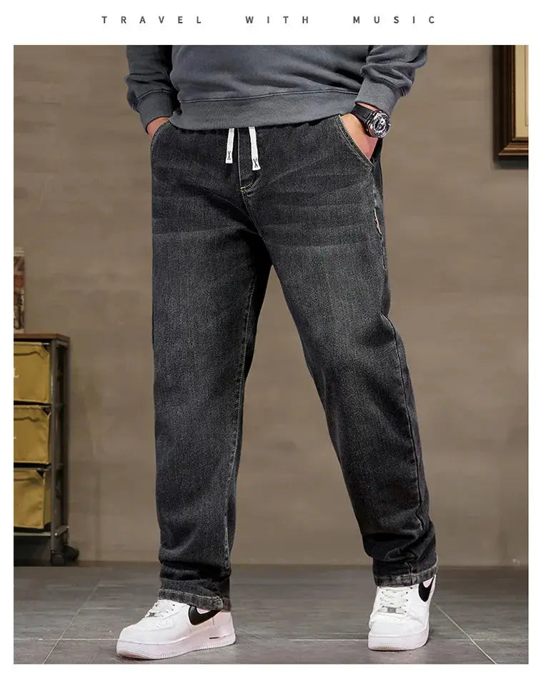 Men's extra big size denim jeans with high-elastic waist, baggy dark denim pants 8XL/6XL by Simples Market