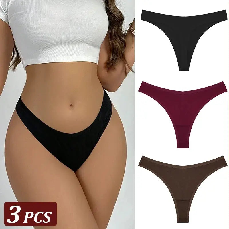 3Pcs set: seamless cotton thong underwear for women in black, burgundy, and brown; low-waist, T-back design