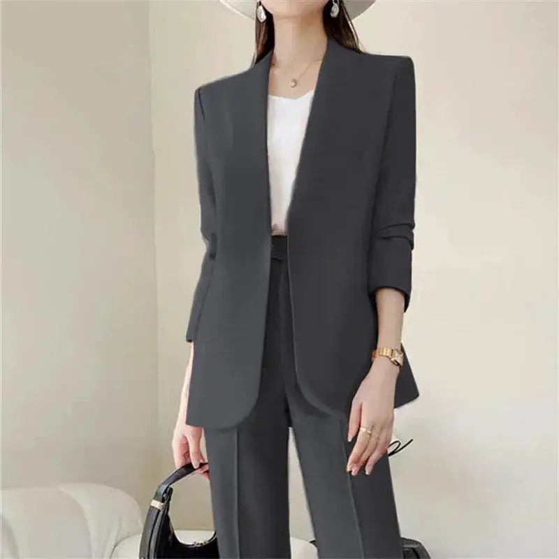 Womens gray 2-piece suit set with blazer and tailored pants, white top, Simples Market