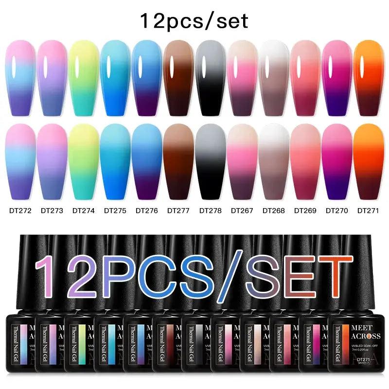 Meet Across 12-piece gel nail polish set featuring pink glitter and macaron blue shades by Simples Market