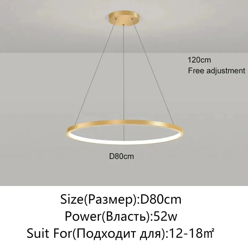 Simples Market modern round LED pendant light, gold ring with white LED, 80 cm diameter, indoor decor