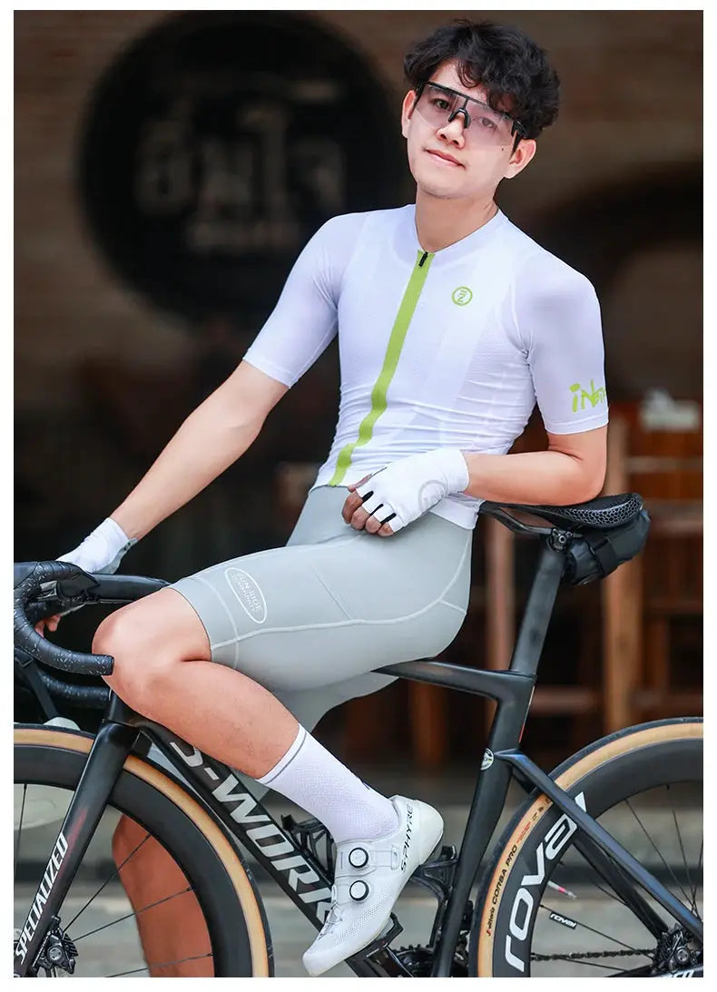 INBIKE 2025 Men's Cycling Bib Shorts by Simples Market; high-waisted, breathable light-gray bibs with pockets