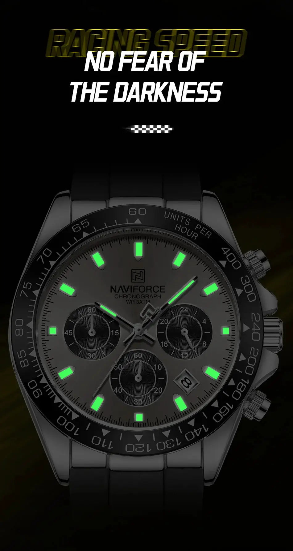 Naviforce men's chronograph watch with luminous green markers and metal bracelet