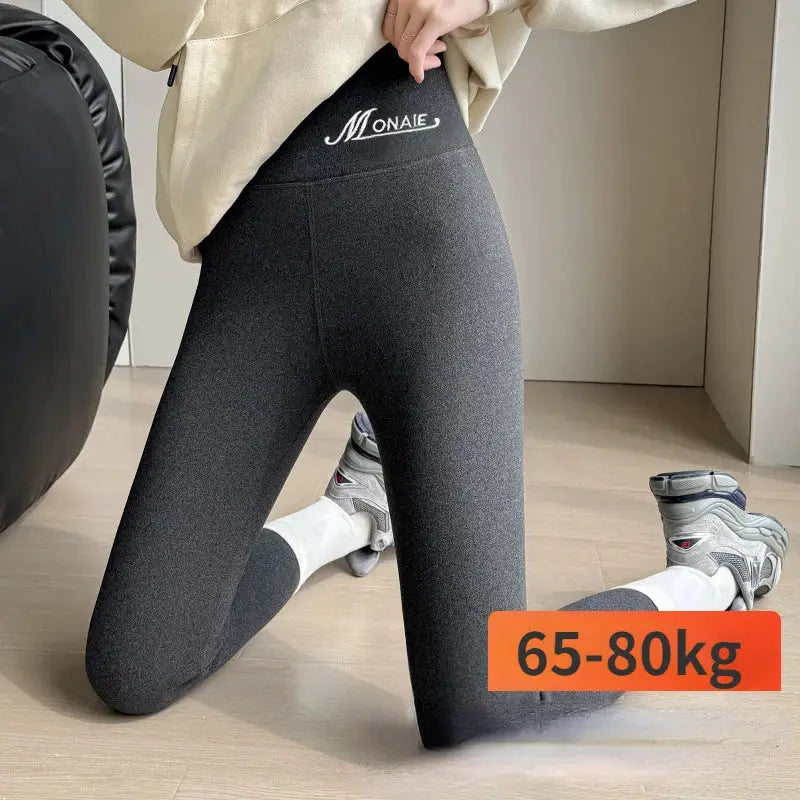 Winter cashmere leggings for women, black high-waist with MONAIE logo and thickened velvet lining
