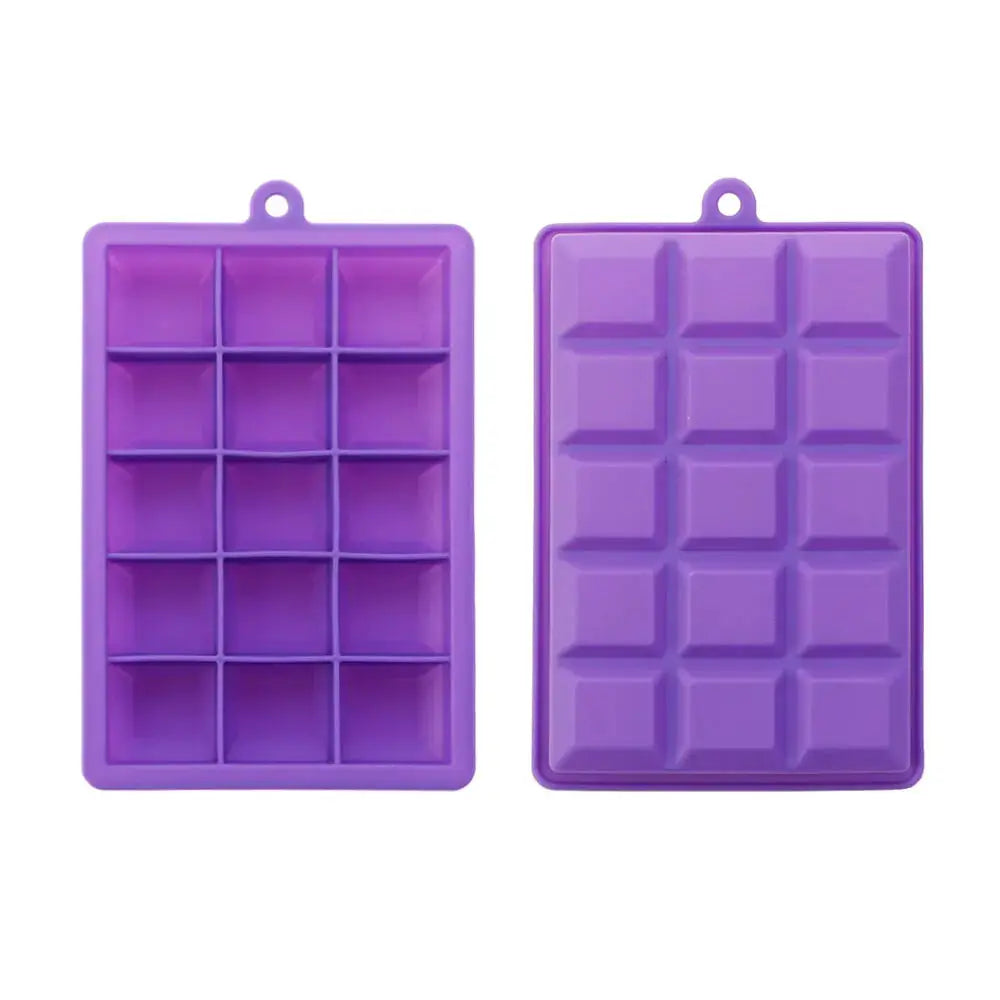 Purple silicone ice cube molds with lids, two trays featuring 15- and 16-cavity grids
