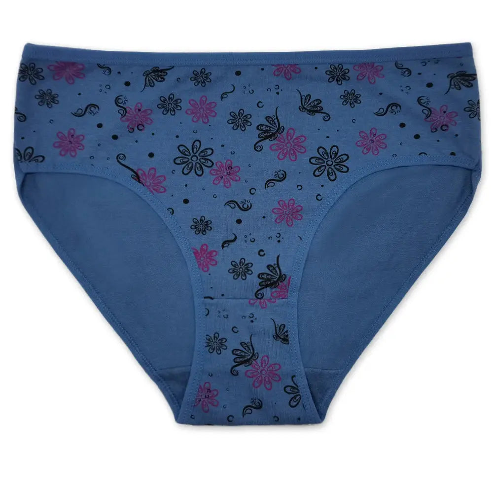 Women's blue cotton briefs with pink and black floral print, mid-rise underwear.