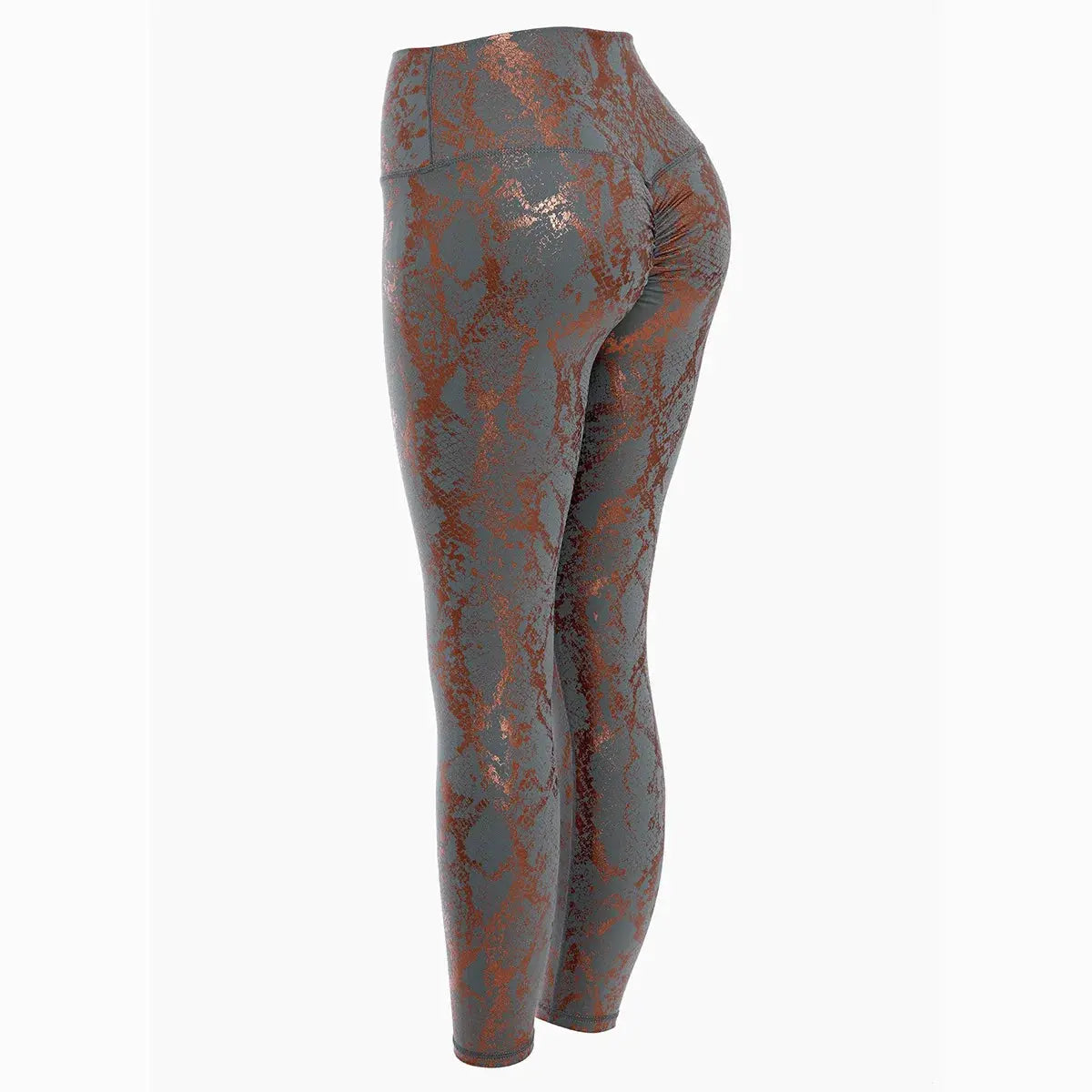 Snake print yoga pants by Simples Market, high-waist gray leggings with copper-gold gilded pattern.