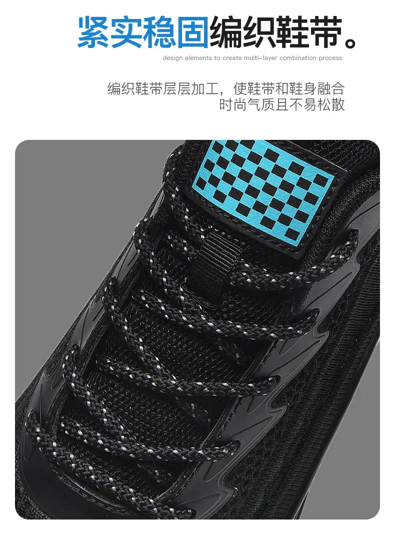Men's Simples Market running sneakers; black breathable mesh with blue checker tongue patch