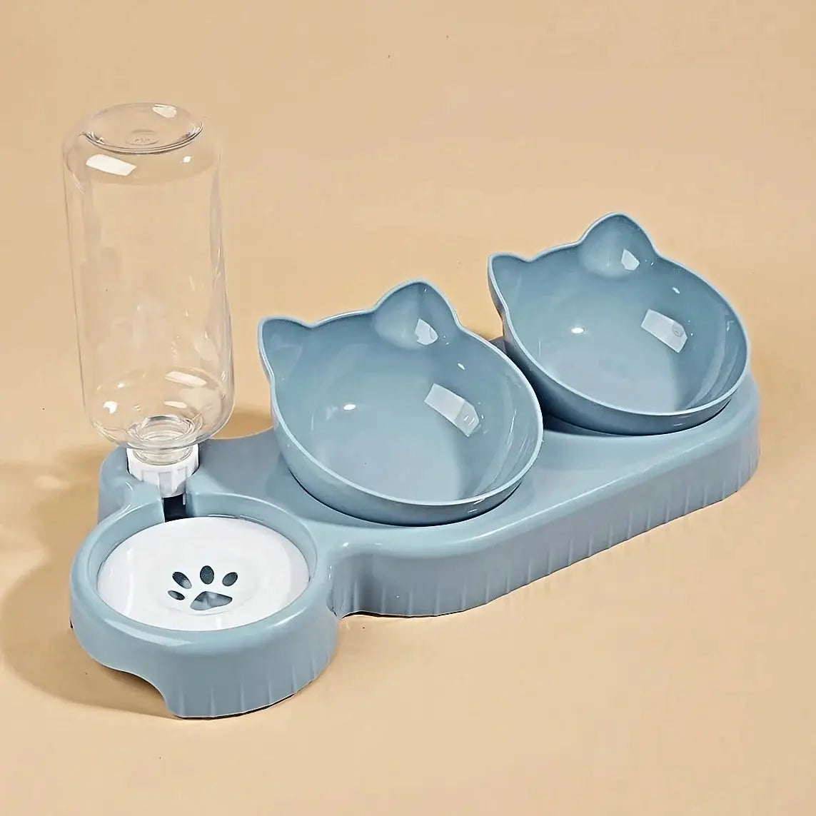Simples Market blue cat feeding set with two tilted ear bowls and gravity water bottle